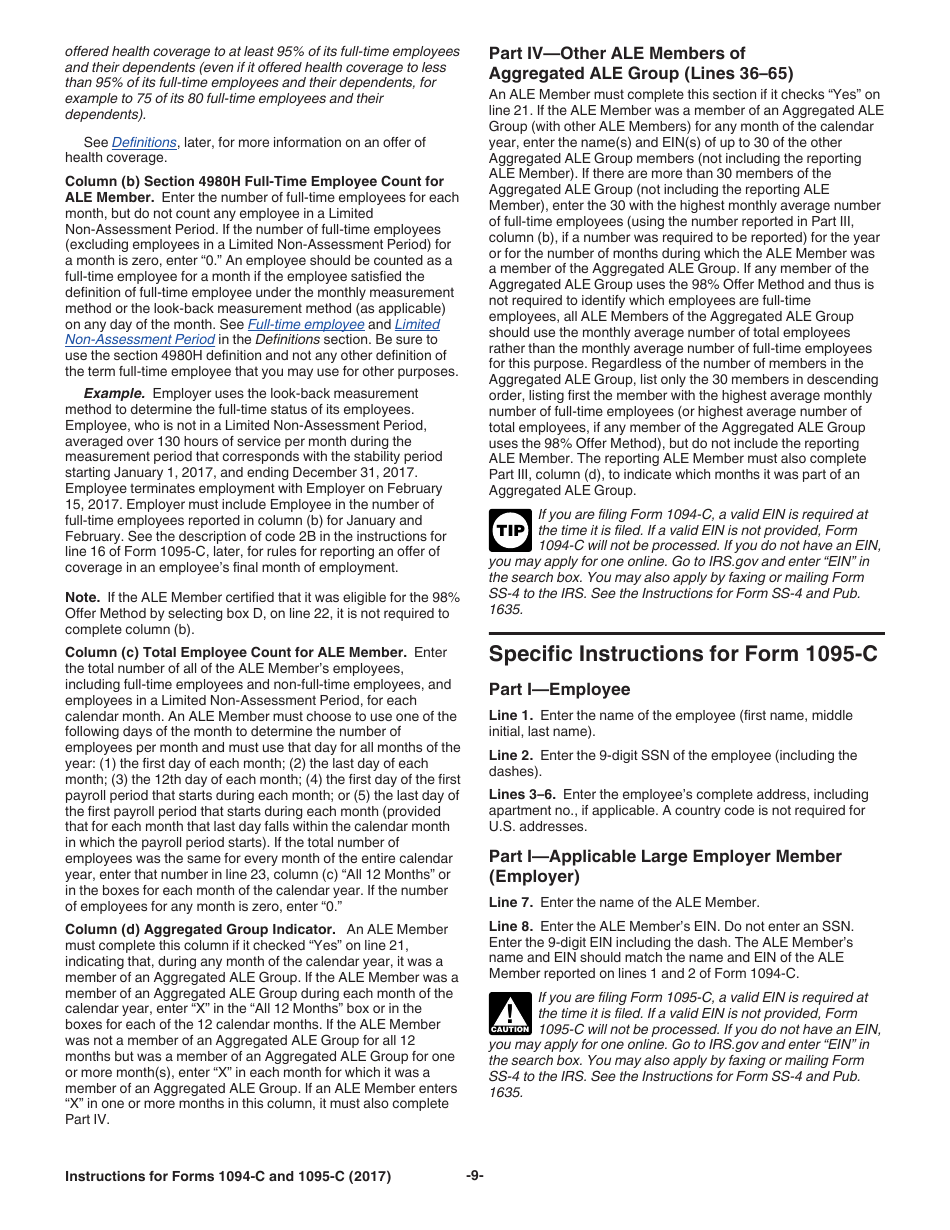 Instructions for IRS Form 1094-C, 1095-C, Page 9