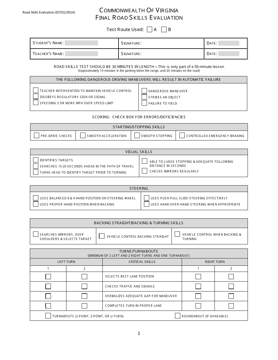 Final Road Skills Evaluation Form - Virginia, Page 1