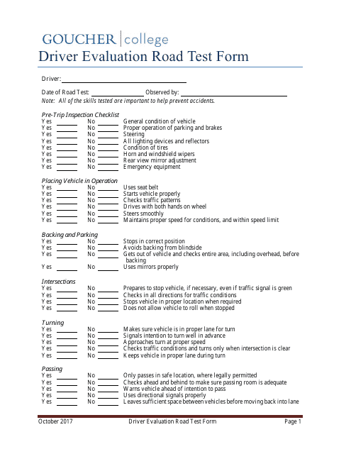 Driver Evaluation Road Test Form Goucher College Download Printable