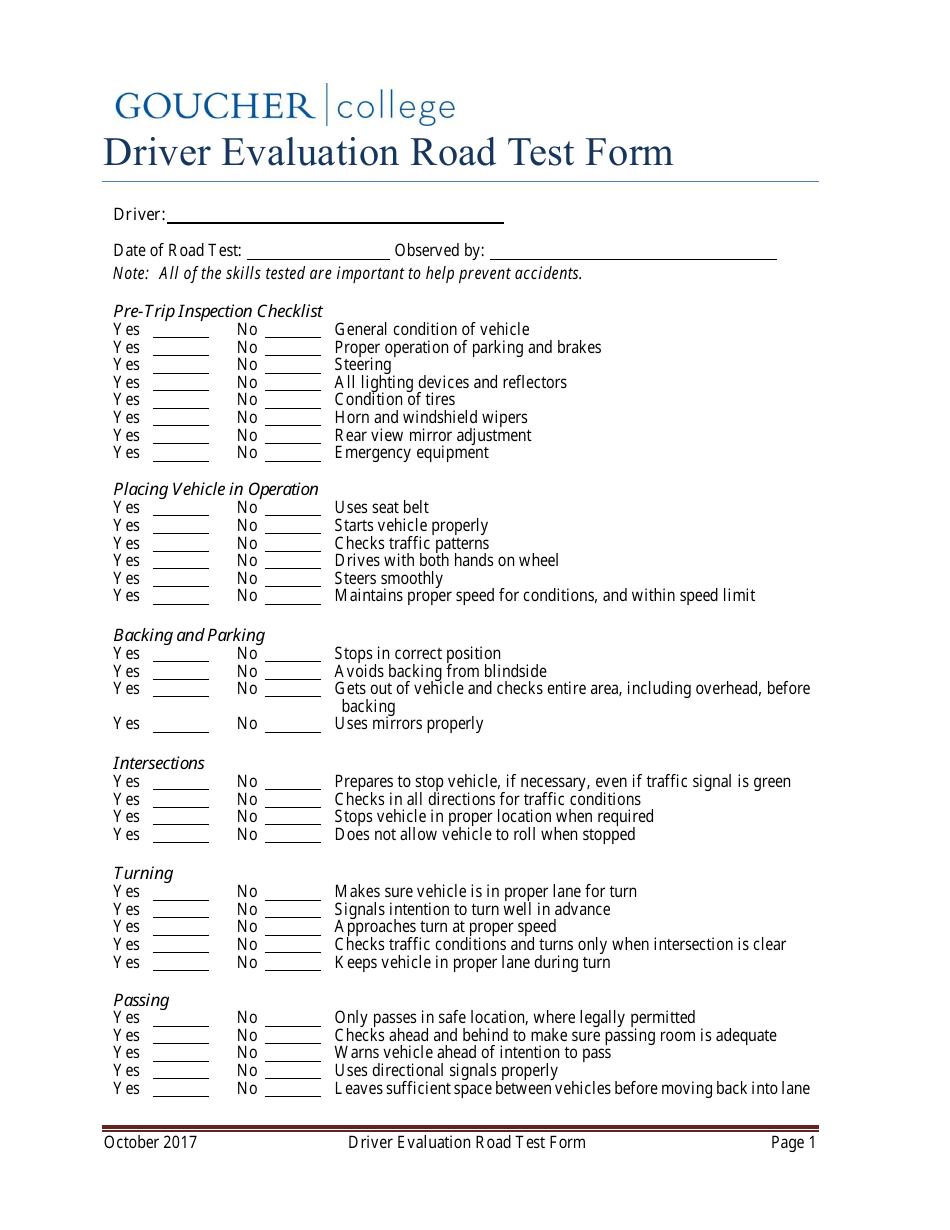 Driver Evaluation Road Test Form Goucher College Fill Out Sign Online And Download PDF