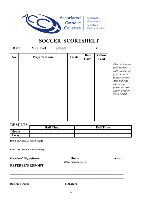 Soccer Scoresheet - Associated Catholic Colleges