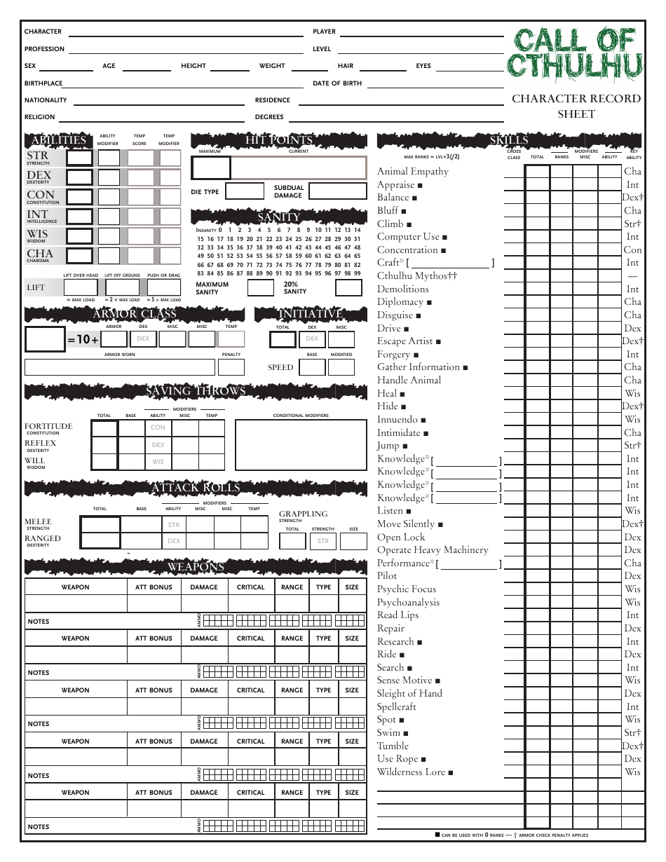 Call of Cthulhu Character Record Sheet - Download