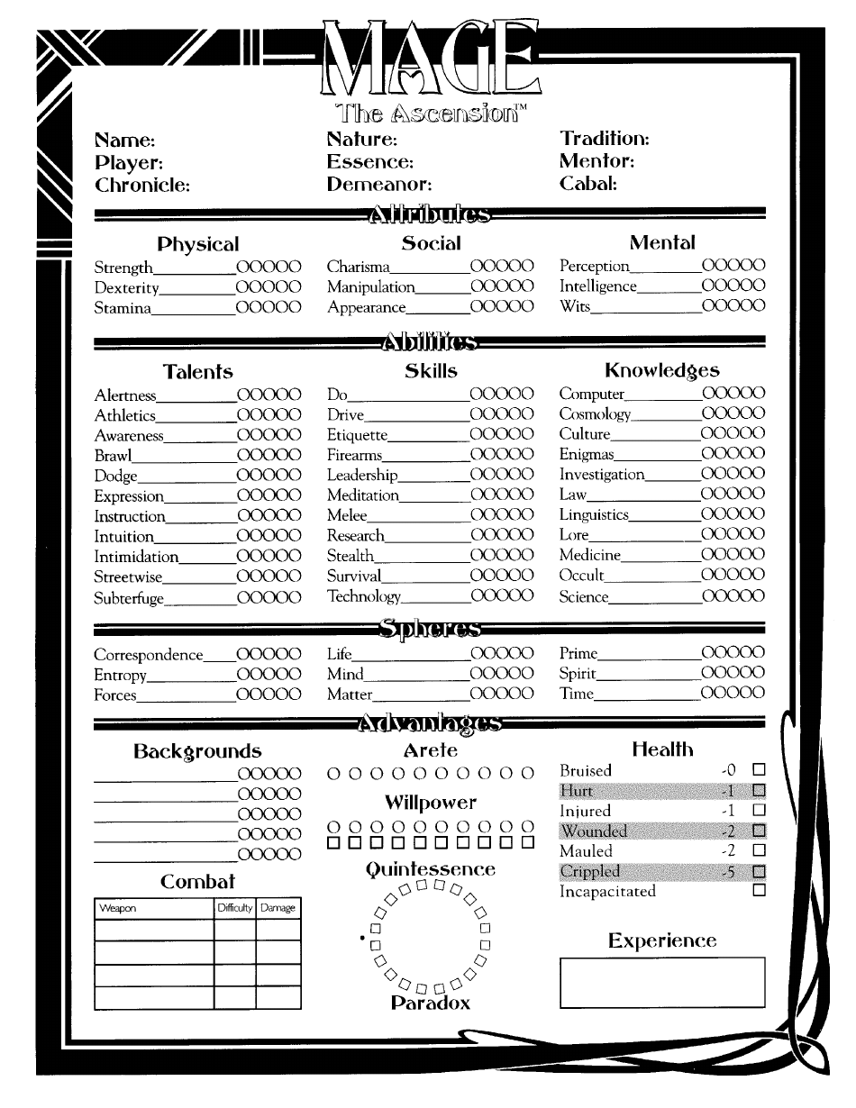 Magical character concept on a character sheet for Mage the Ascension