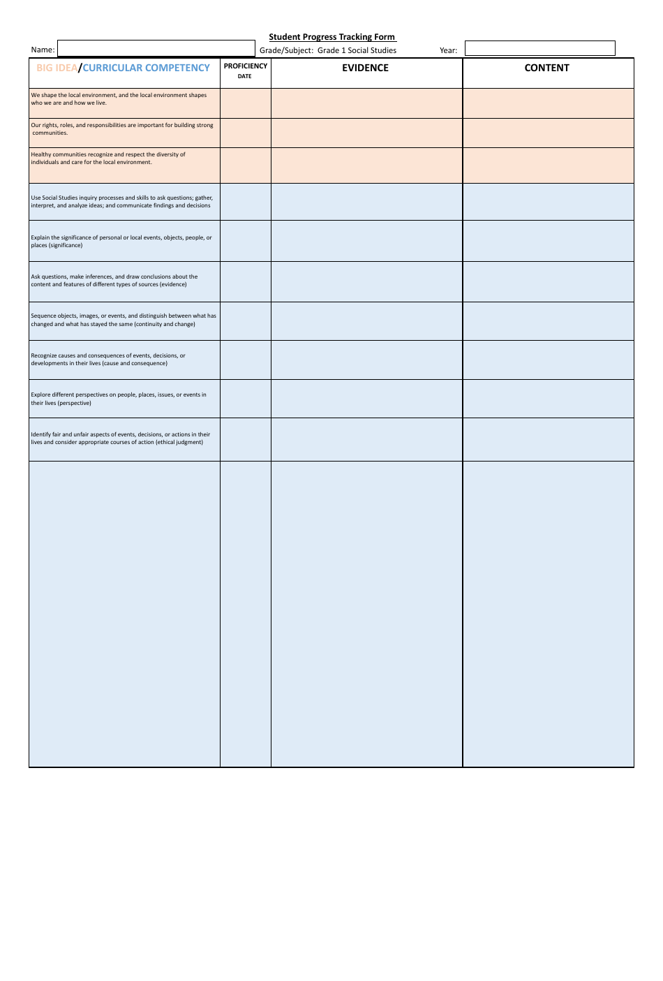 Student Progress Tracking Form - Social Studies, Page 1