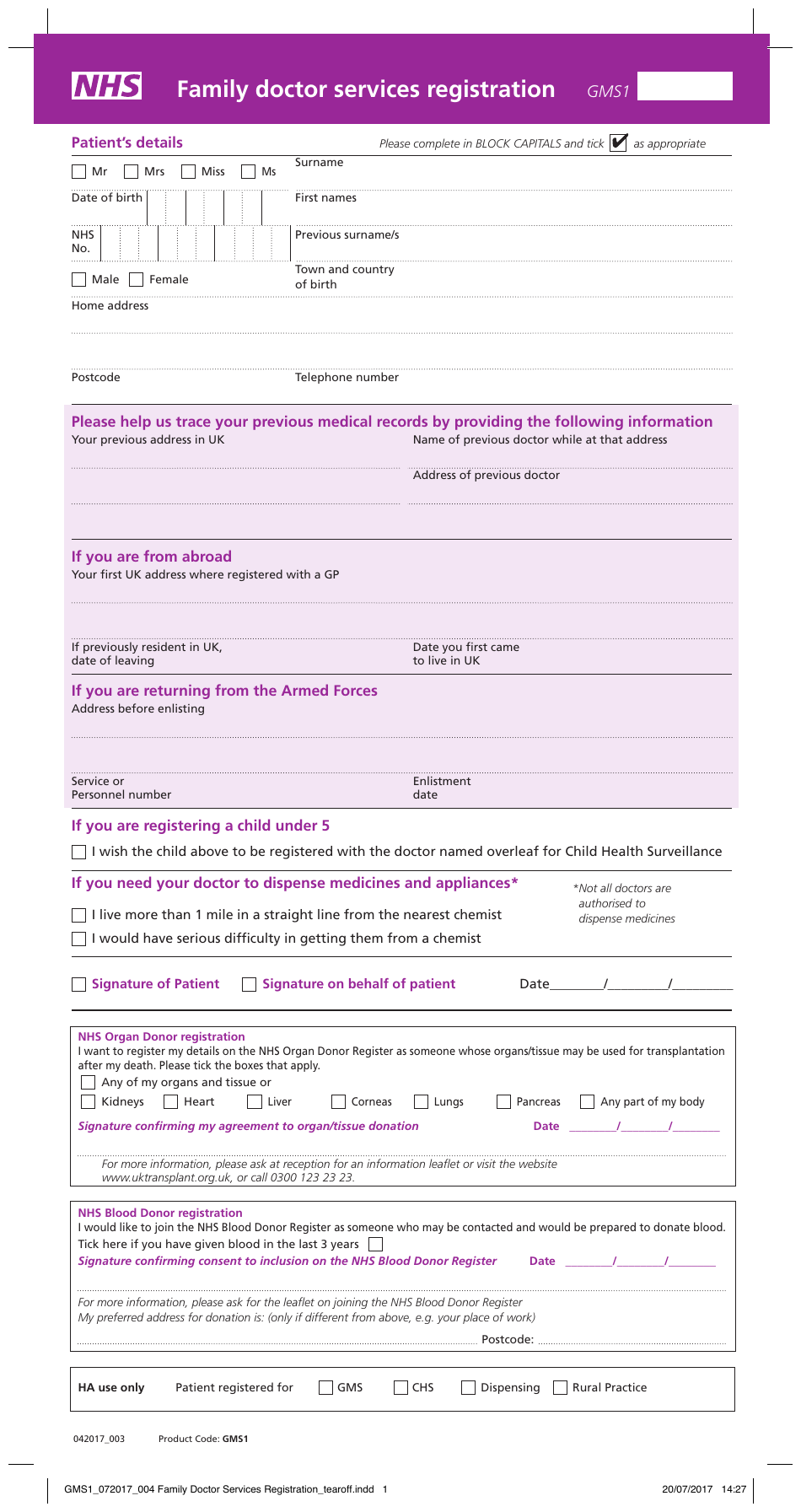 Form GMS1 Family Doctor Services Registration - United Kingdom, Page 1