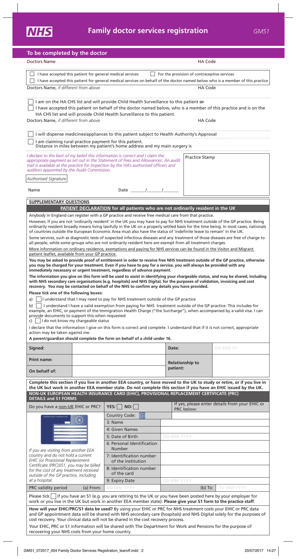 Form GMS1 Family Doctor Services Registration - United Kingdom, Page 2