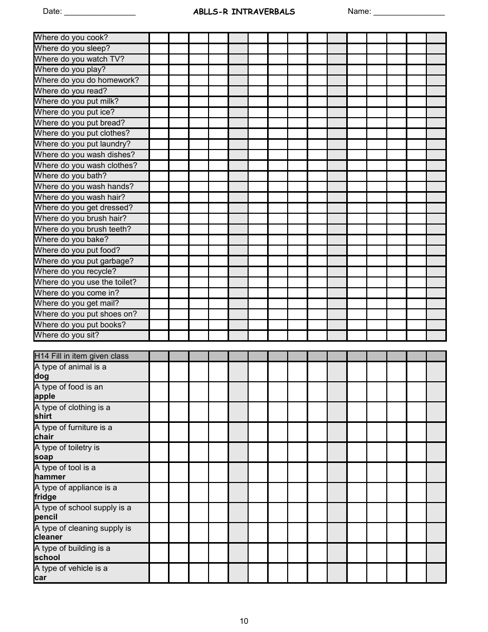 Ablls-R Intraverbals Tracking Sheet Templates, Page 10