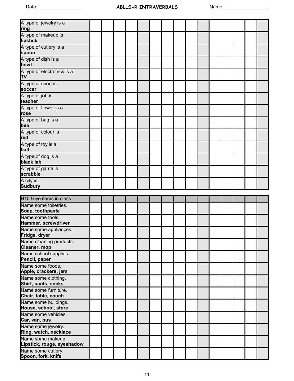 Ablls-R Intraverbals Tracking Sheet Templates, Page 11