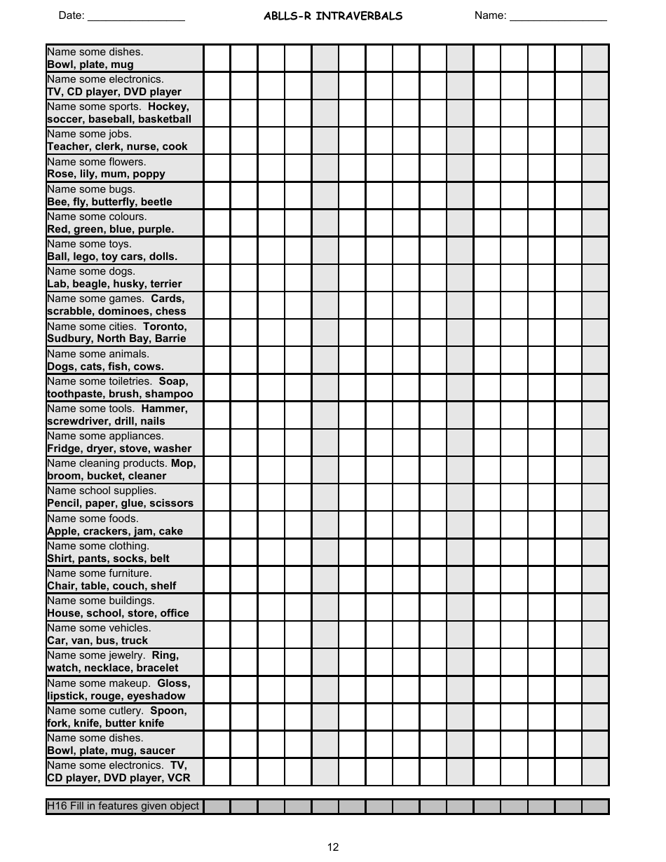 Ablls-R Intraverbals Tracking Sheet Templates, Page 12