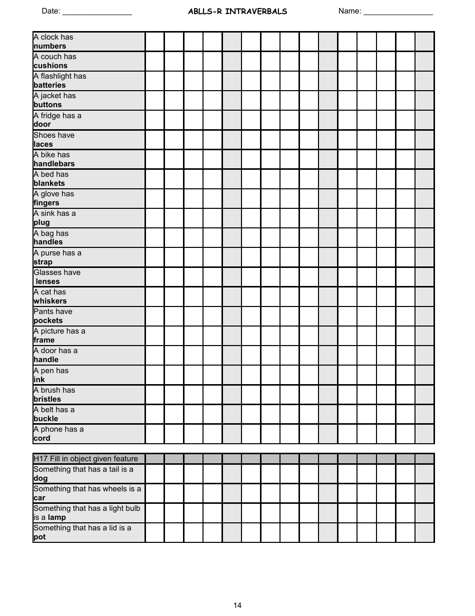 Ablls-R Intraverbals Tracking Sheet Templates, Page 14