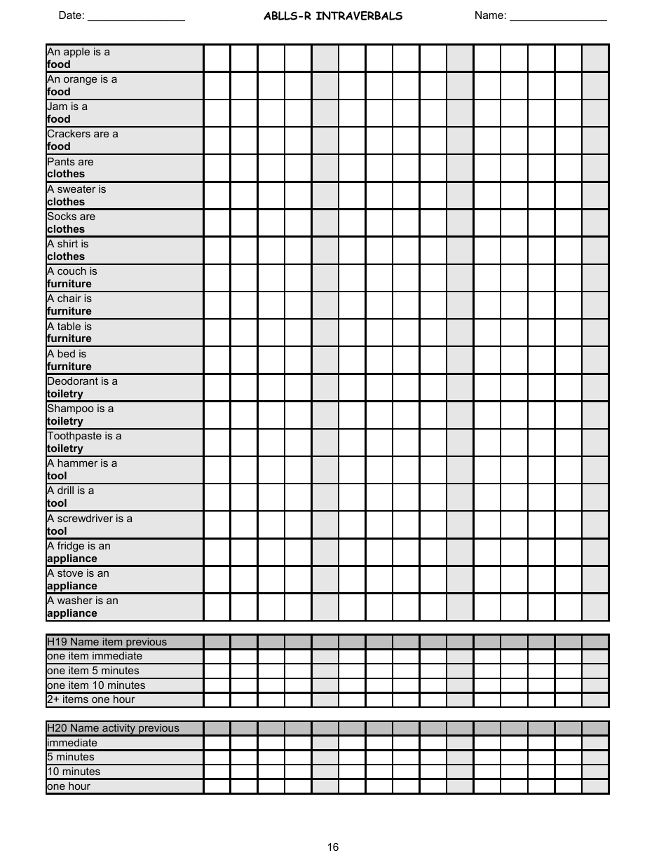 Ablls-R Intraverbals Tracking Sheet Templates, Page 16