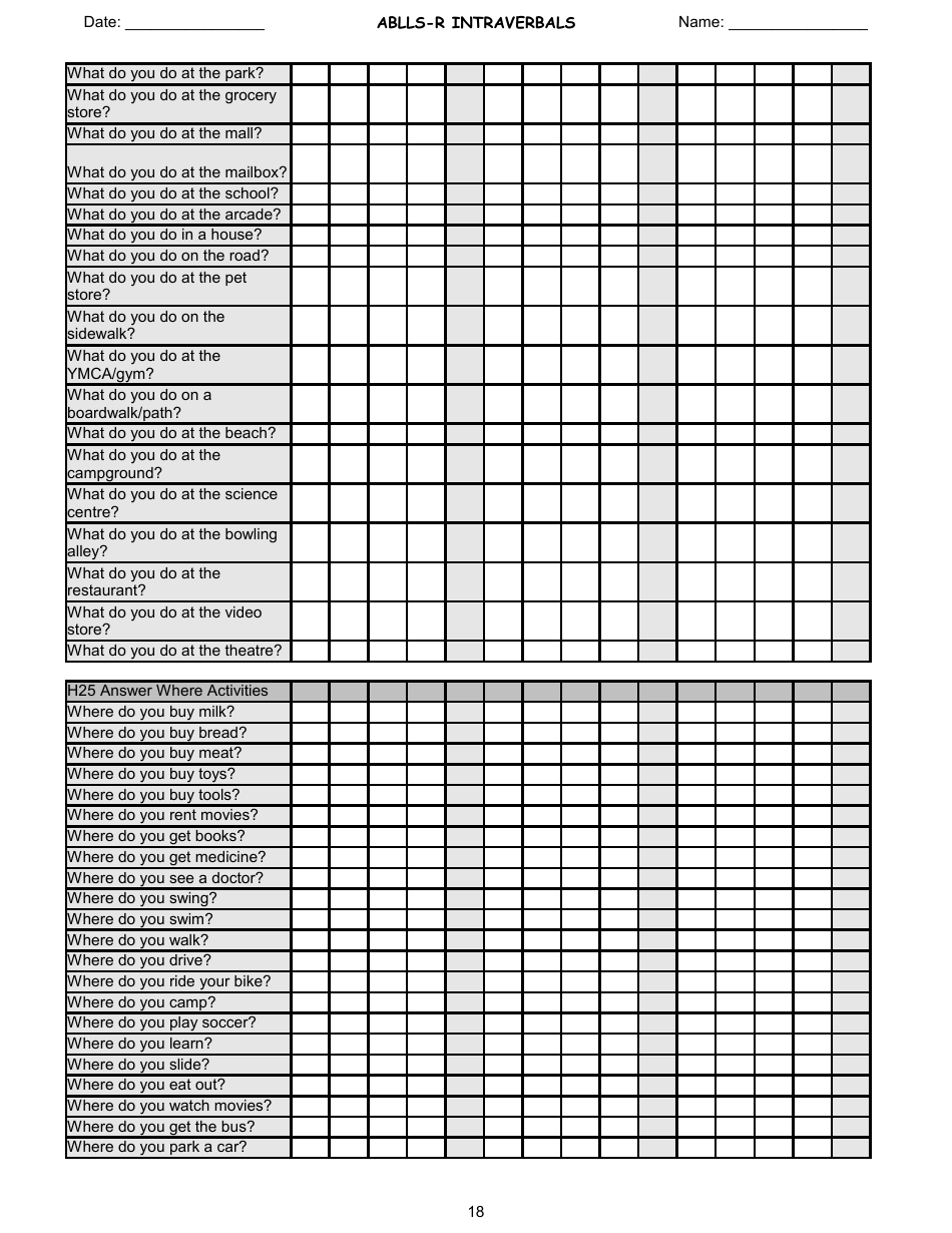 Ablls-R Intraverbals Tracking Sheet Templates, Page 18