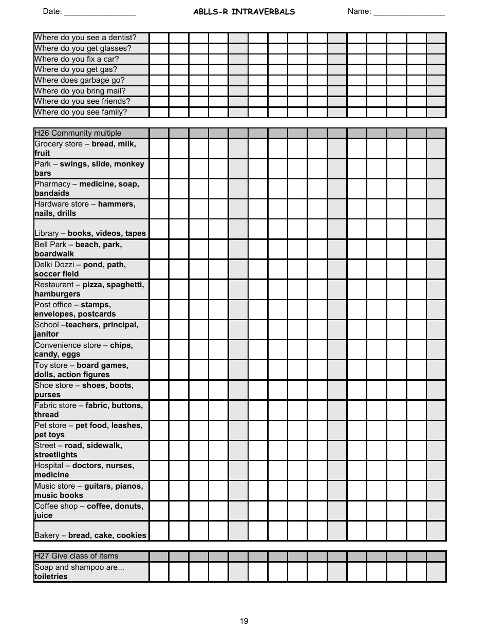 Ablls-R Intraverbals Tracking Sheet Templates, Page 19