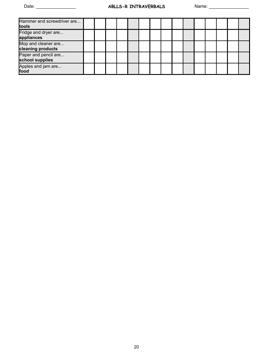 Ablls-R Intraverbals Tracking Sheet Templates, Page 20