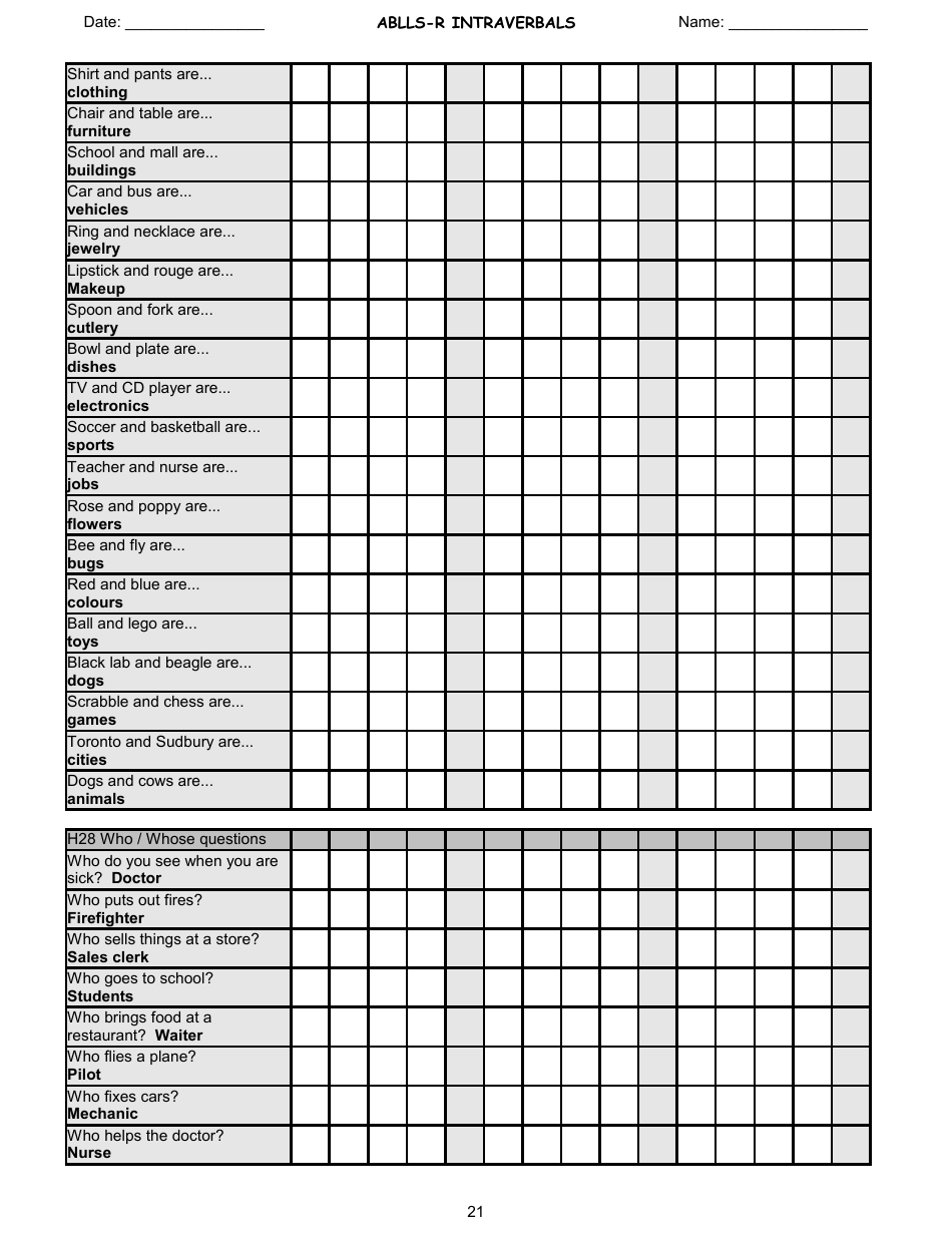 Ablls-R Intraverbals Tracking Sheet Templates, Page 21