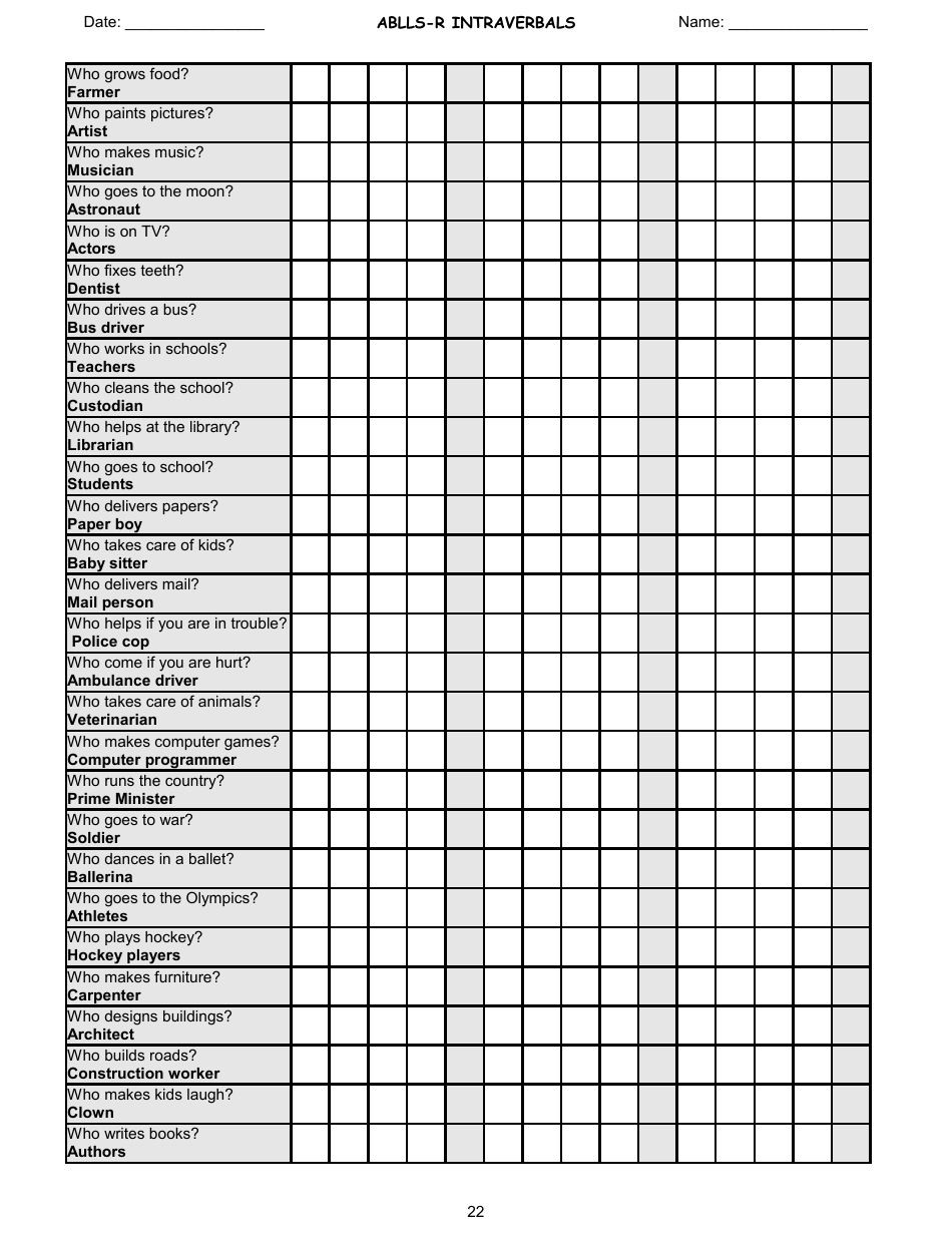Ablls-R Intraverbals Tracking Sheet Templates, Page 22
