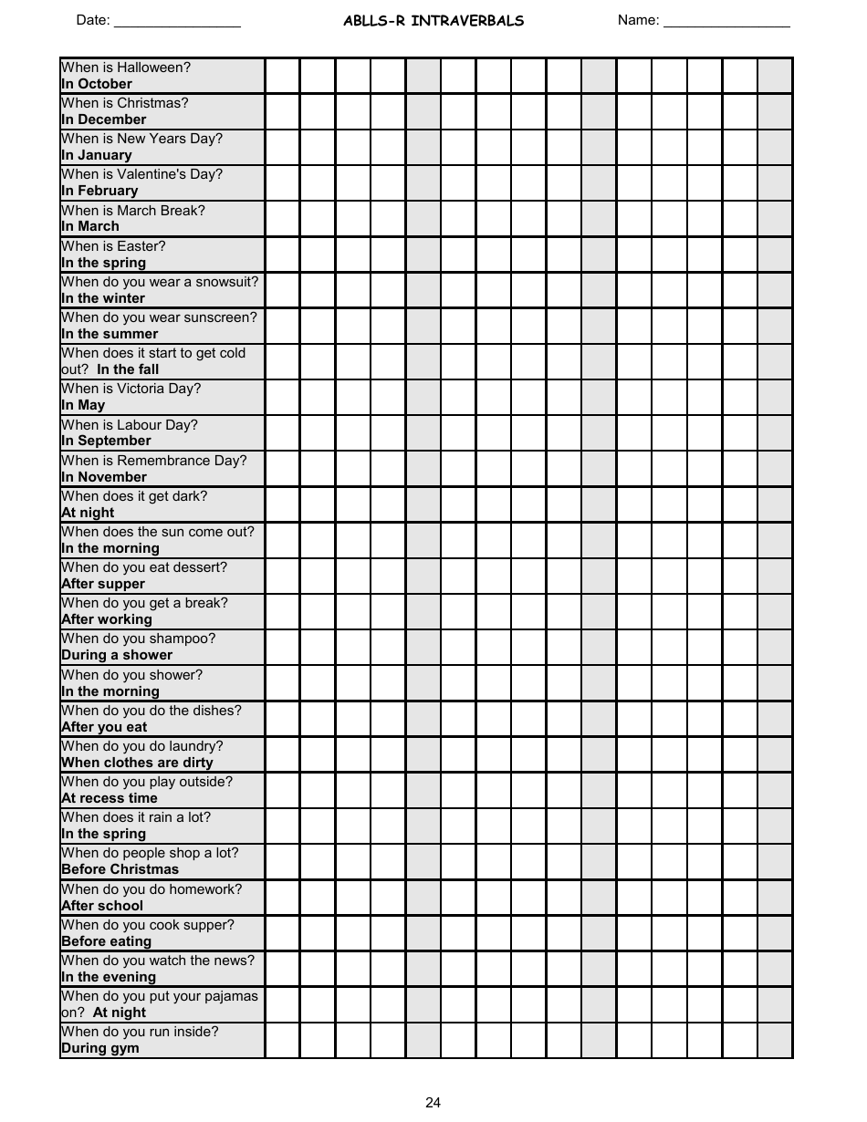 Ablls-R Intraverbals Tracking Sheet Templates, Page 24