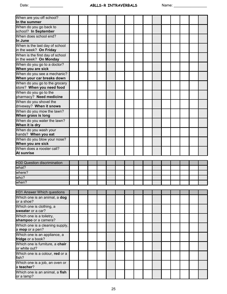 Ablls-R Intraverbals Tracking Sheet Templates, Page 25