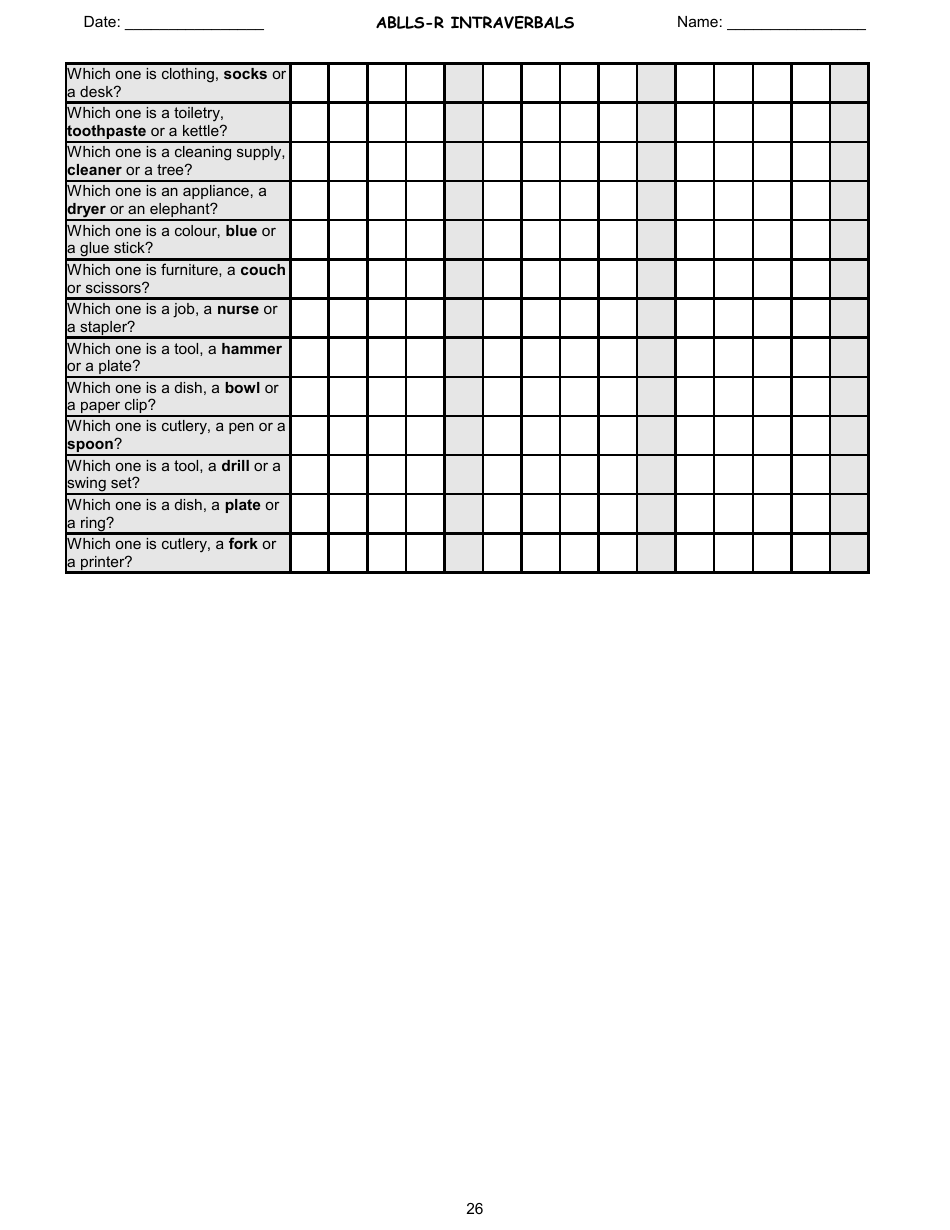 Ablls-R Intraverbals Tracking Sheet Templates, Page 26