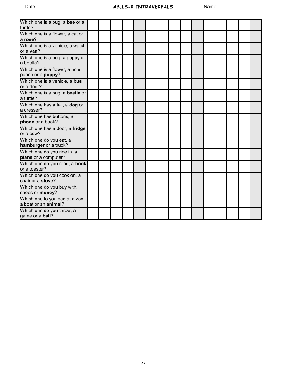 Ablls-R Intraverbals Tracking Sheet Templates, Page 27