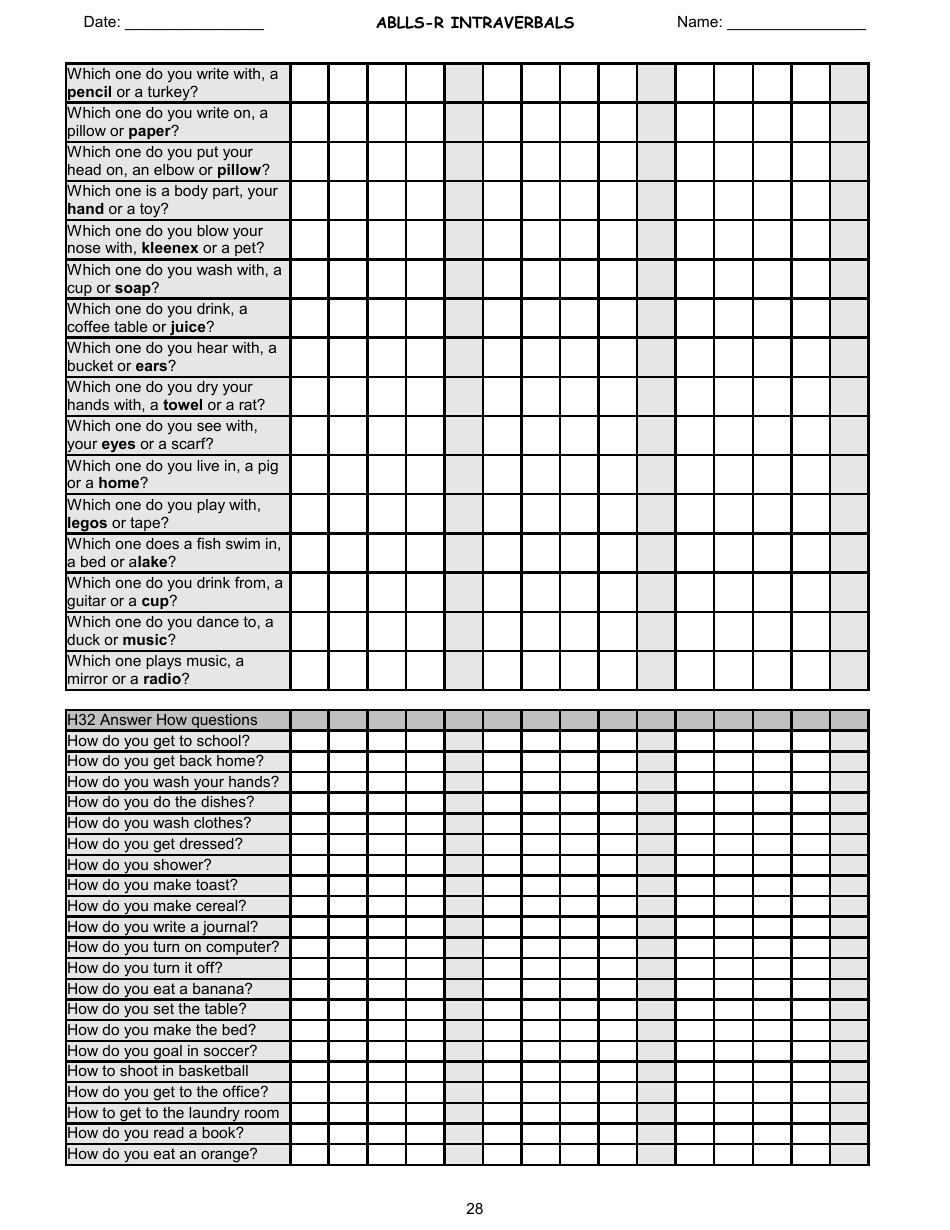 Ablls-R Intraverbals Tracking Sheet Templates, Page 28