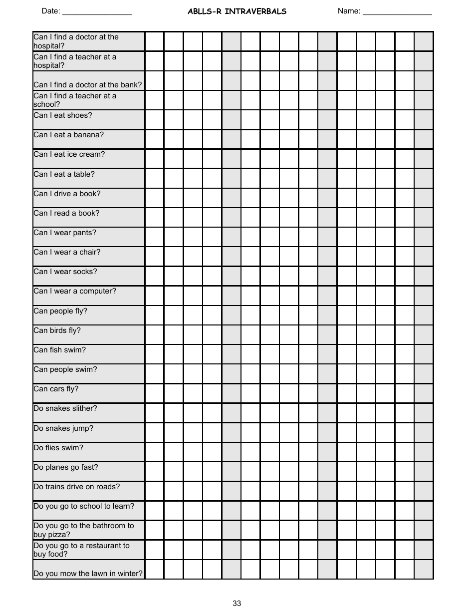 Ablls-R Intraverbals Tracking Sheet Templates, Page 33