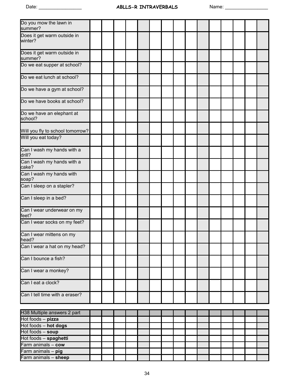 Ablls-R Intraverbals Tracking Sheet Templates Download Printable PDF ...