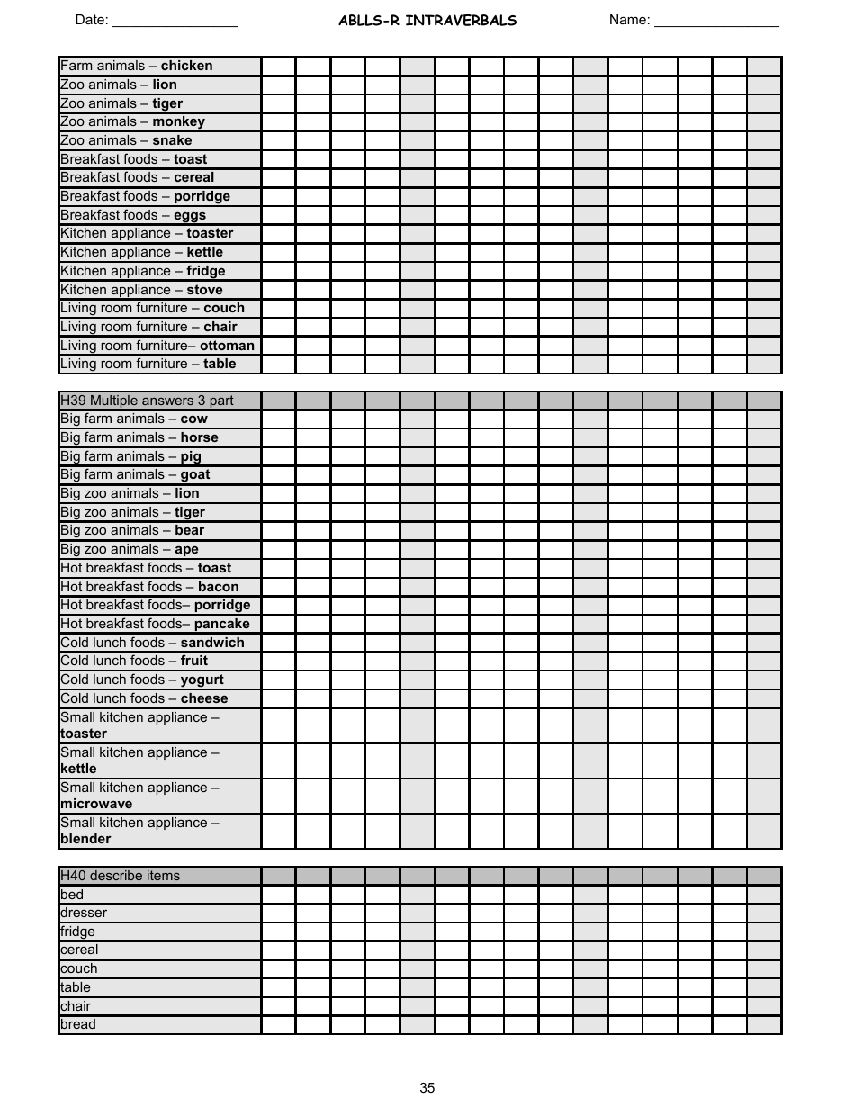 Ablls-R Intraverbals Tracking Sheet Templates, Page 35