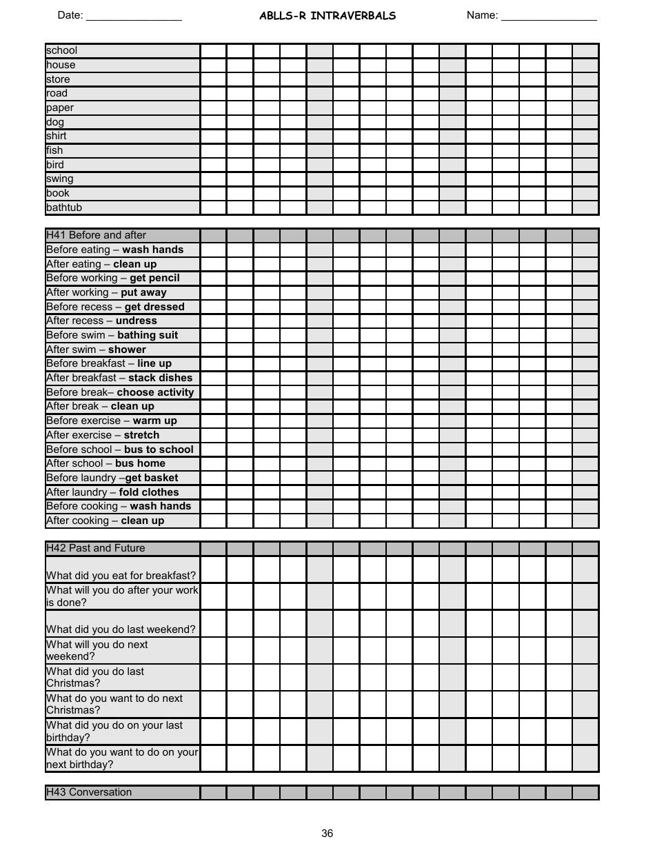 Ablls-R Intraverbals Tracking Sheet Templates, Page 36