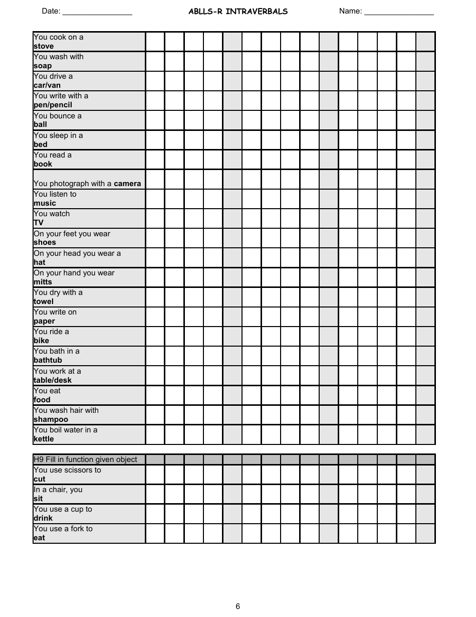 Ablls-R Intraverbals Tracking Sheet Templates, Page 6