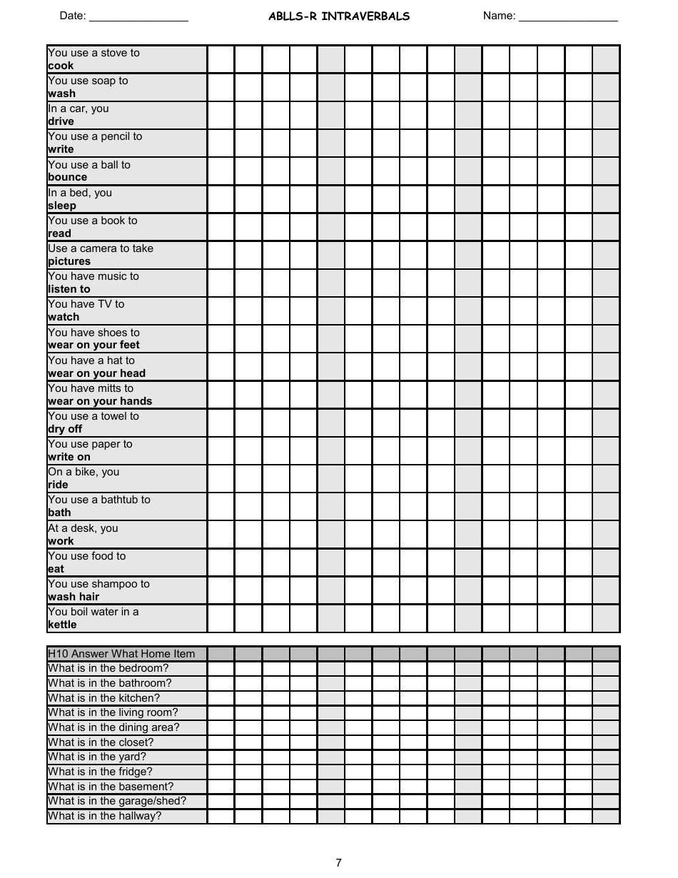 Ablls-R Intraverbals Tracking Sheet Templates, Page 7