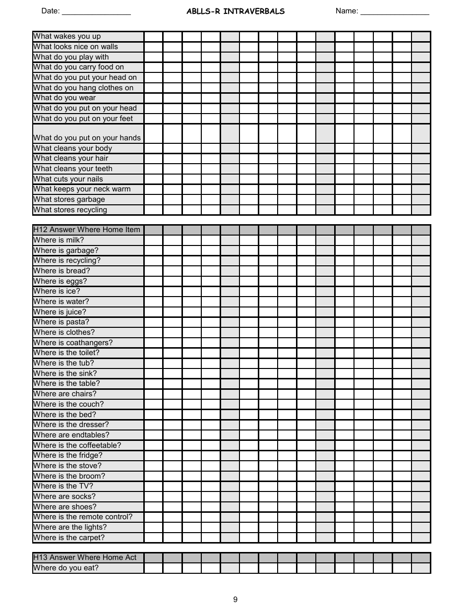 Ablls-R Intraverbals Tracking Sheet Templates, Page 9
