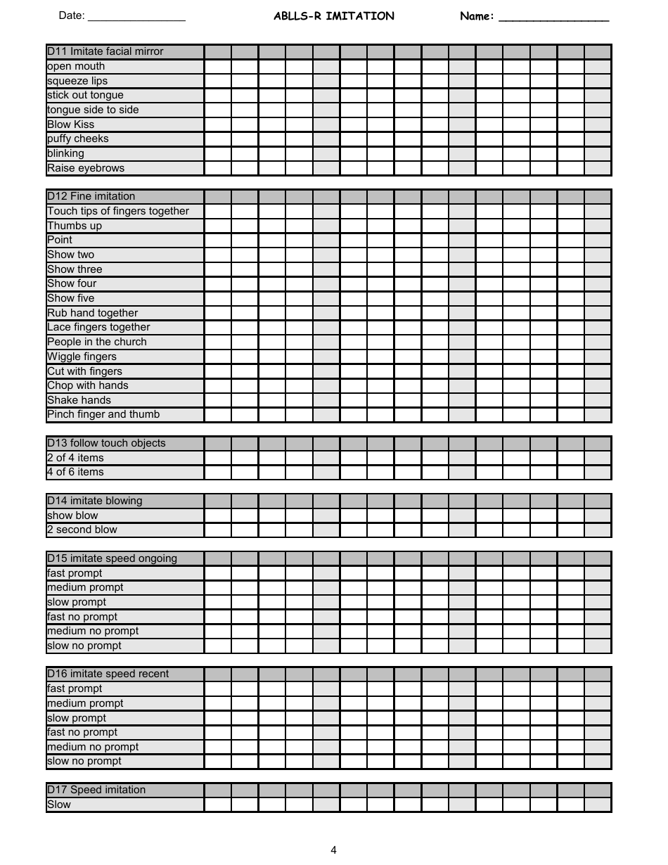 Ablls-R Imitation Tracking Sheet Templates, Page 4