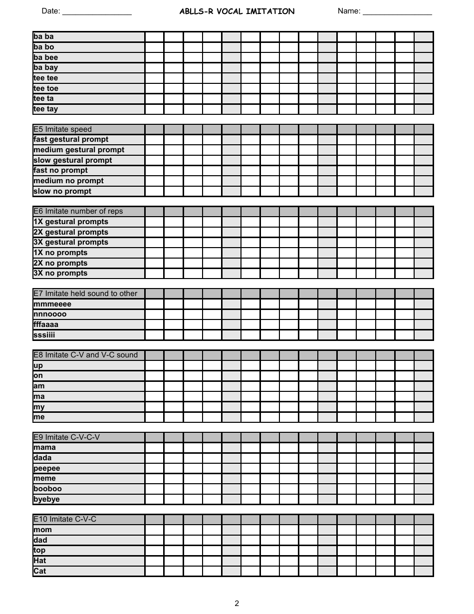 Ablls-R Vocal Imitation Tracking Sheet Templates, Page 2
