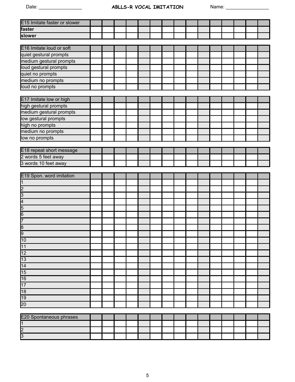 Ablls-R Vocal Imitation Tracking Sheet Templates, Page 5