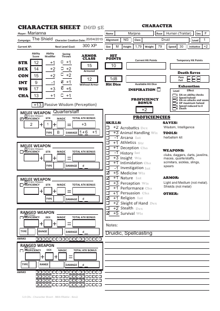 Sample D&d 5e Character Sheet, 2015