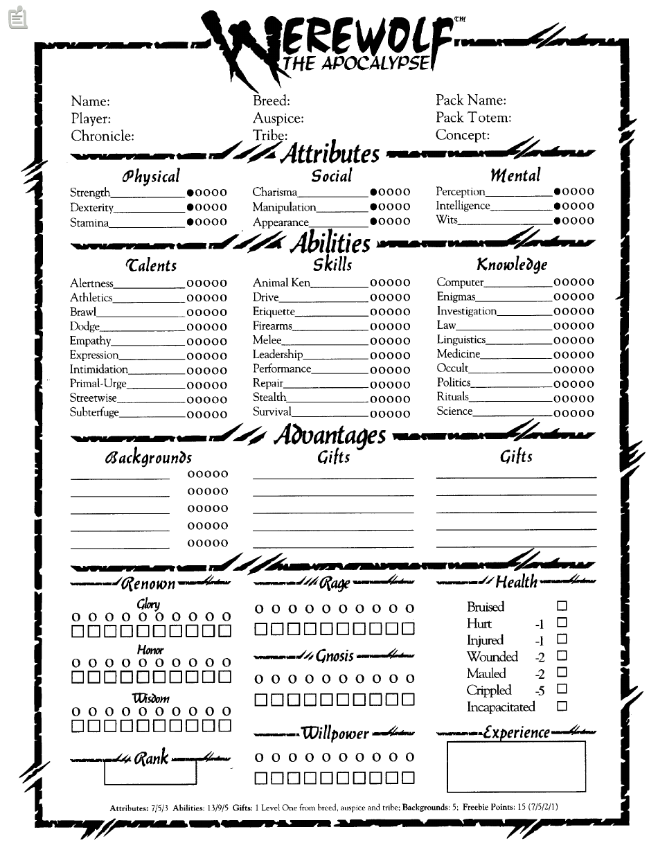 Werewolf: the Apocalypse Character Sheet, Page 1