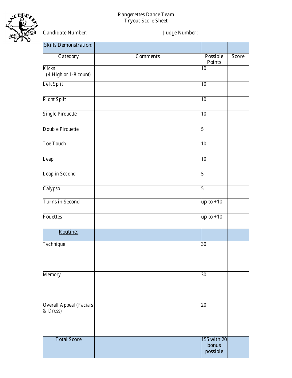 Printable Dance Score Sheet