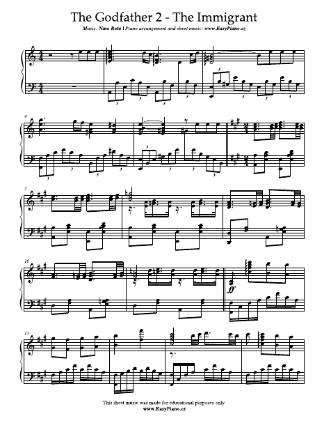 Piano sheet music for "The Immigrant" composed by Nino Rota from The Godfather 2 OST