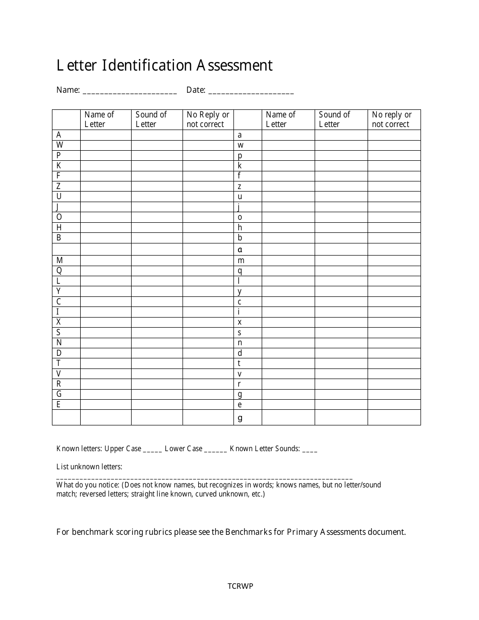 Letter Identification Assessment Template, Page 1