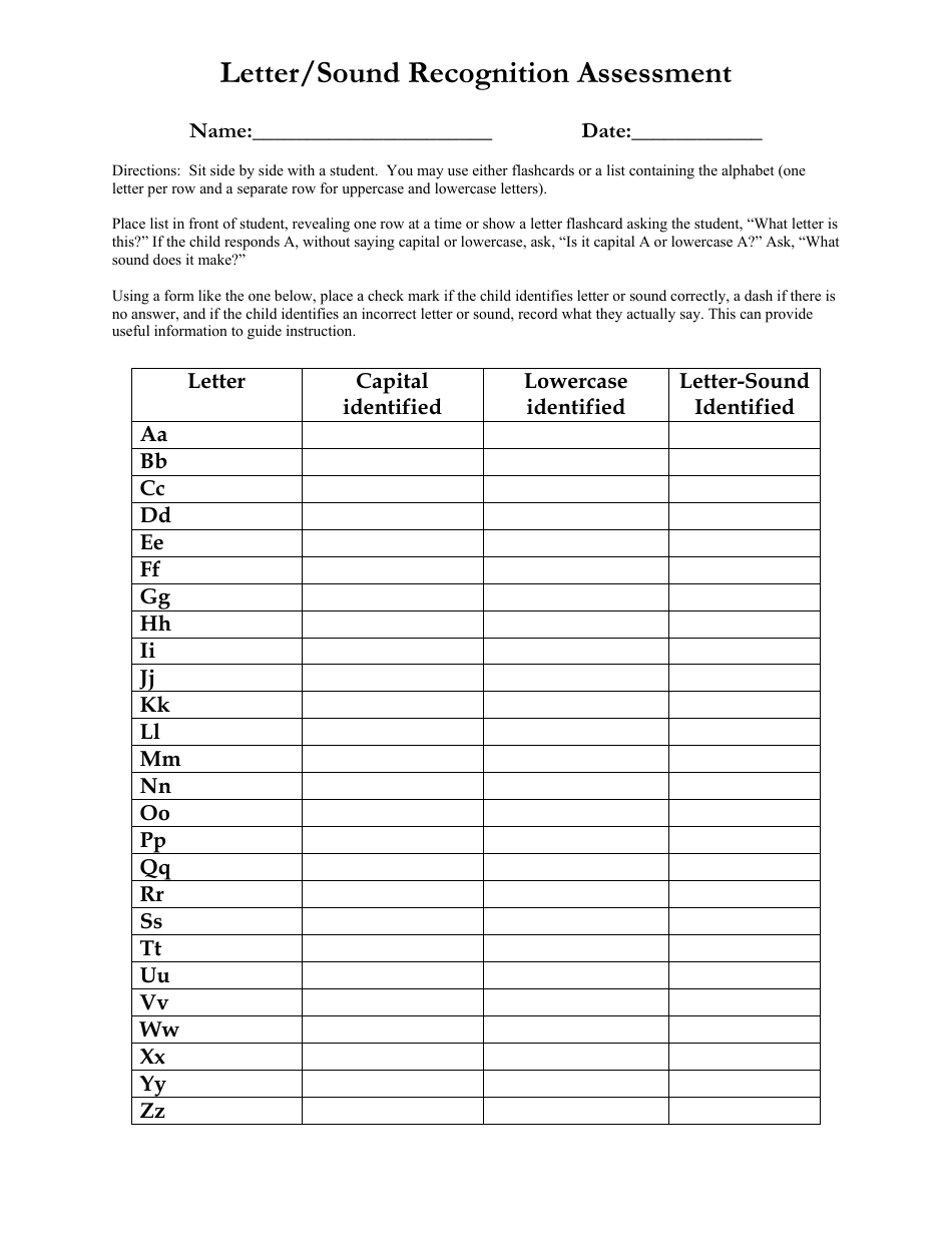 Letter/Sound Recognition Assessment Tool Template - Preview Image Alt
