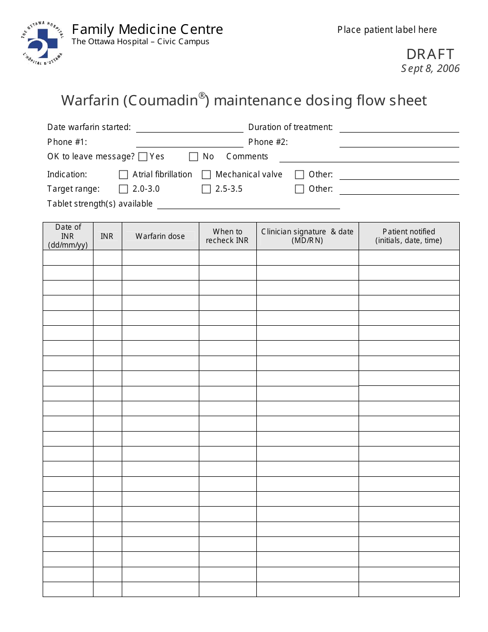 Warfarin (Coumadin) Maintenance Dosing Flow Sheet