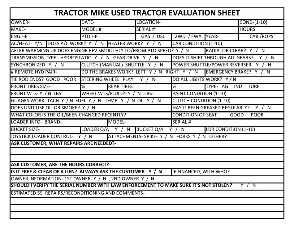 Tractor Mike Used Tractor Evaluation Sheet Template