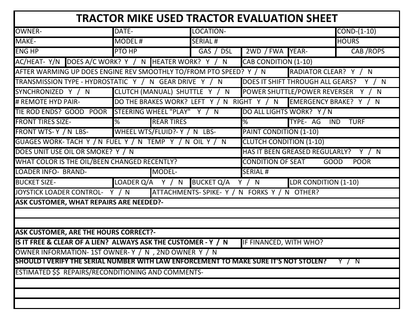Used Tractor Evaluation Sheet Template - Tractor Mike