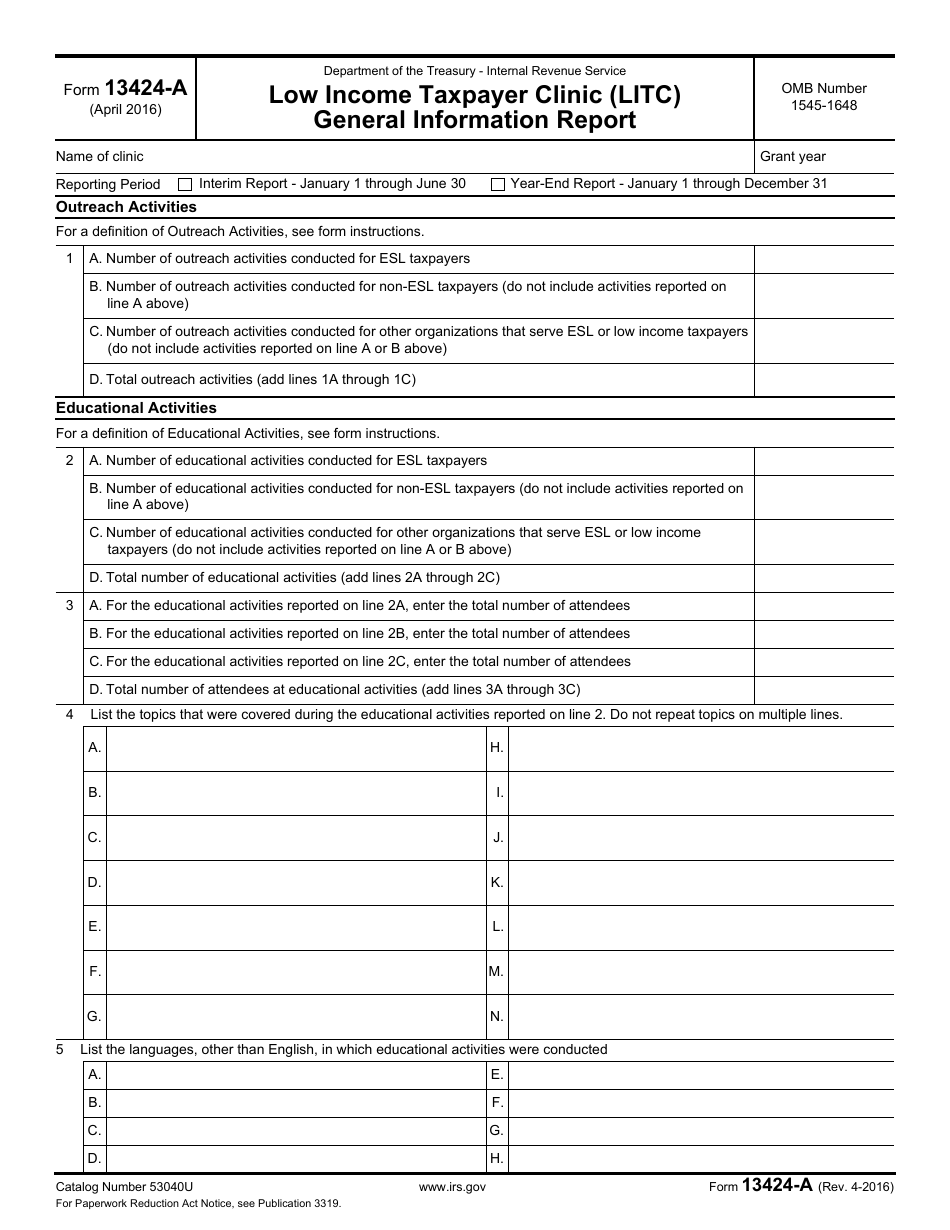 IRS Form 13424-A Low Income Taxpayer Clinic (Litc) General Information Report, Page 1