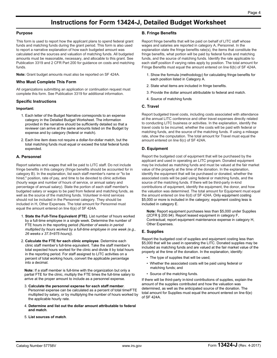 IRS Form 13424-J Detailed Budget Worksheet, Page 4