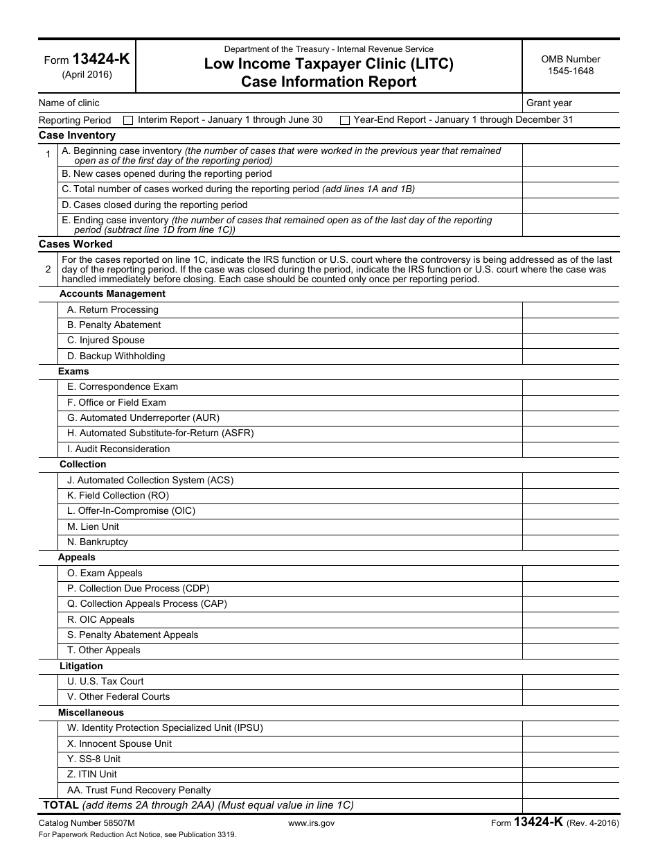 IRS Form 13424-K Low Income Taxpayer Clinic (Litc) Case Information Report, Page 1