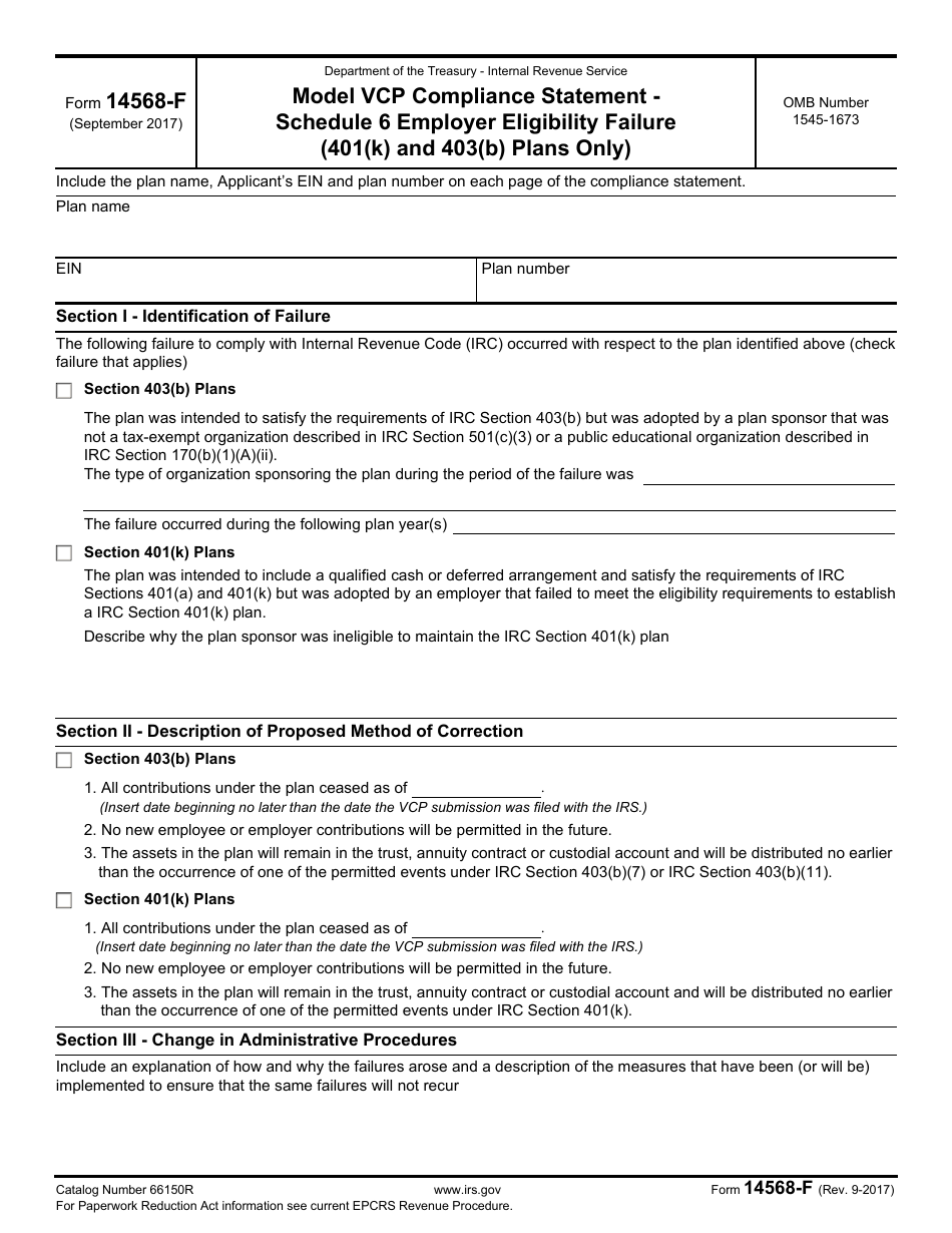 IRS Form 14568-F Model Vcp Compliance Statement - Schedule 6 Employer Eligibility Failure (401(K) and 403(B) Plans Only), Page 1