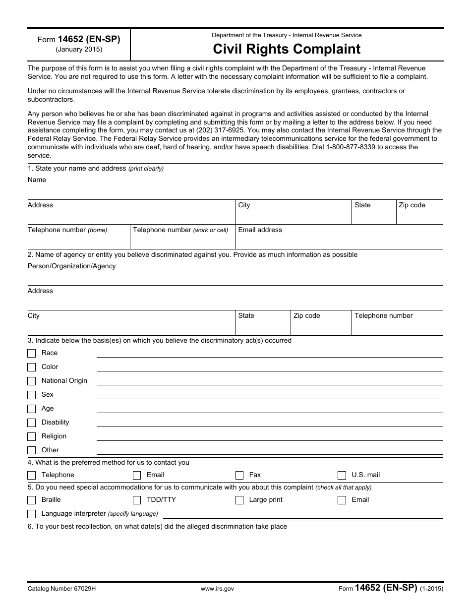 IRS Form 14652 (EN-SP) Civil Rights Complaint, Page 1