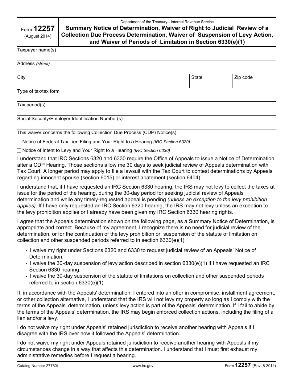 IRS Form 12257 Summary Notice of Determination, Waiver of Right to Judicial Review of a Collection Due Process Determination, Waiver of Suspension of Levy Action, and Waiver of Periods of Limitation in Section 6330(E)(1), Page 1